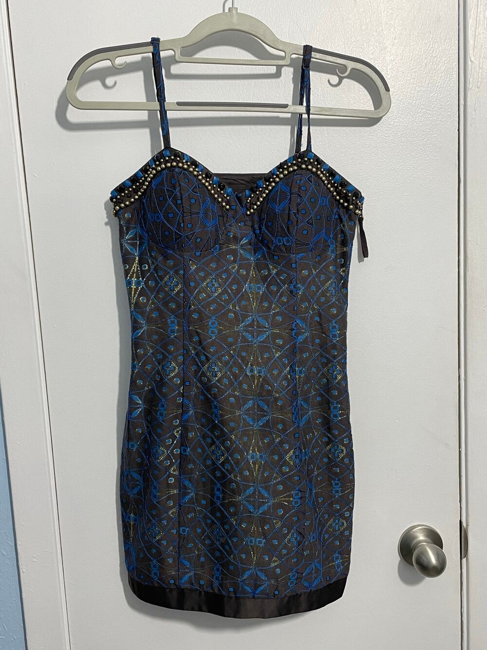 Y2K Forever 21 Dress Small Blue Brown Beaded Embroidered Whimsigoth Office Siren